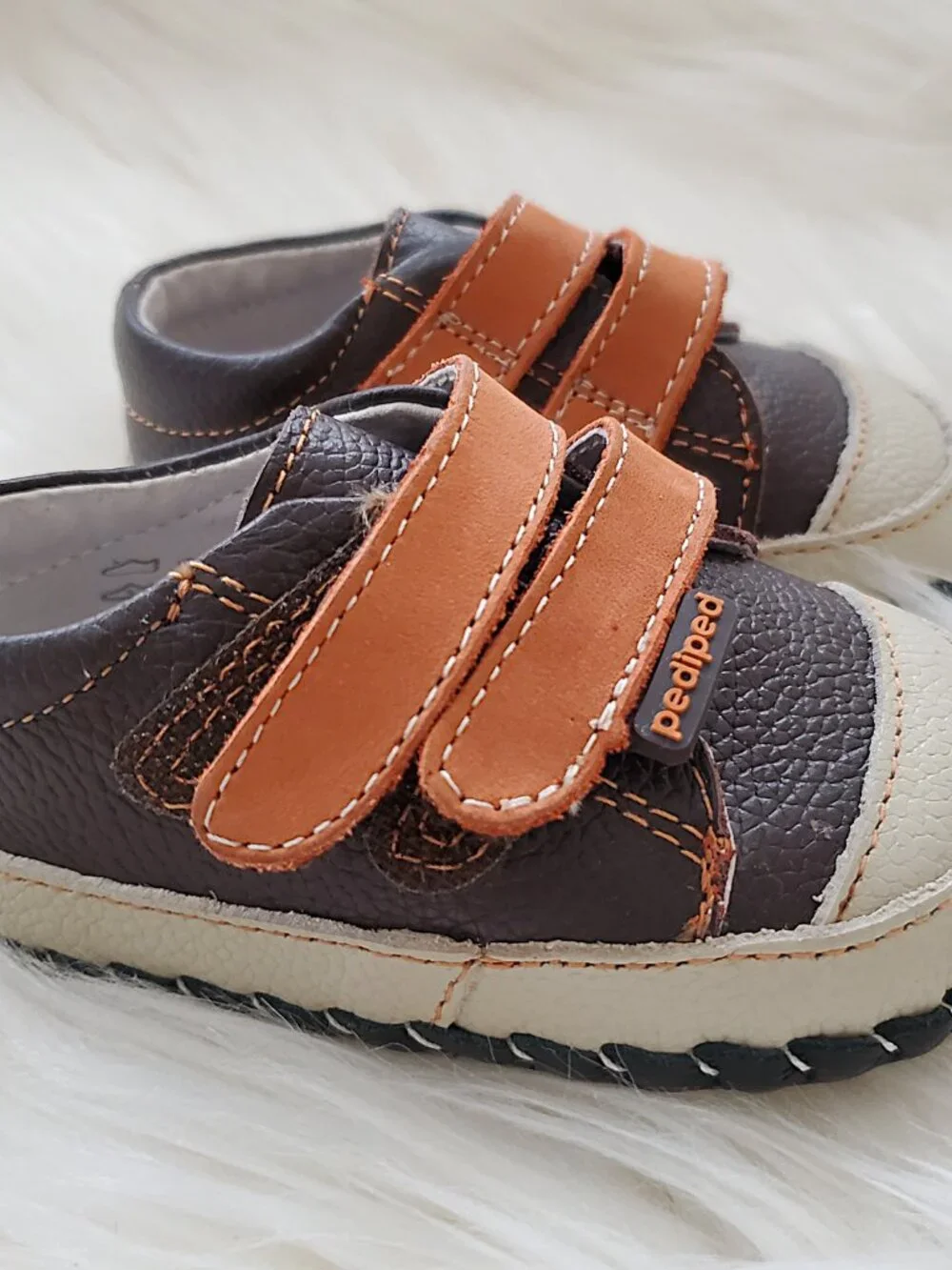 Pediped Brown Infant Leather Soft Sole Velcro Handcrafted Shoes SZ 0-6M